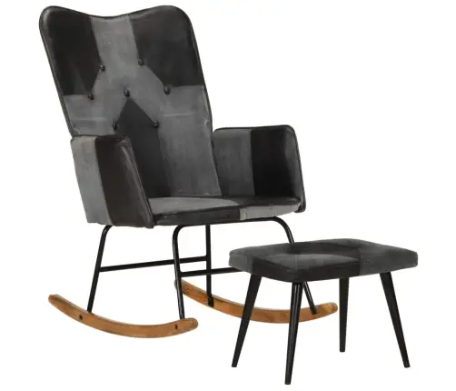 Šūpuļkrēsls Ar Kājsoliņu, Melna Dabīgā Āda Un Audums Vidaxl