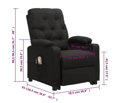 Masāžas Krēsls, Paceļams, Atgāžams, Melns Audums Vidaxl