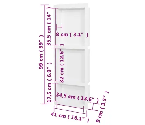 Dušas Nišas Plaukts, 3 Nodalījumi, Spīdīgi Balts, 41X99X9 Cm Vidaxl