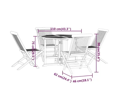 5-Daļīgs Dārza Mēbeļu Komplekts, Saliekams, Masīvs Tīkkoks Vidaxl