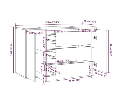 Šoninė Spintelė Su 3 Stalčiais, Ąžuolo, 120X41X75cm Mediena Šoninė Spintelė Su 3 Stalčiais, Ąžuolo, 120X41X75cm Mediena