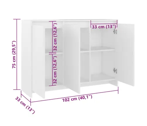 Kumode, Balta, 102X33X75 Cm, Inženierijas Koks Vidaxl