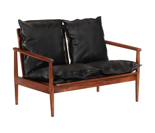 2-Vietīgs Dīvāns, Melna Dabīgā Āda, Akācijas Masīvkoks  Vidaxl