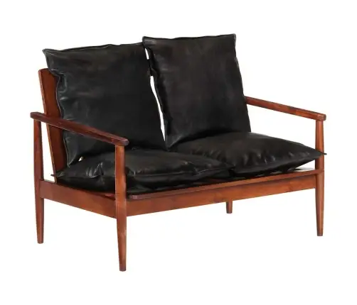 2-Vietīgs Dīvāns, Melna Dabīgā Āda, Akācijas Masīvkoks  Vidaxl