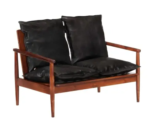 2-Vietīgs Dīvāns, Melna Dabīgā Āda, Akācijas Masīvkoks  Vidaxl