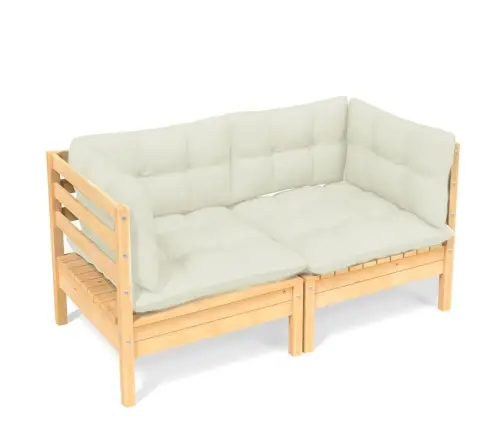 2-Vietīgs Dārza Dīvāns Ar Krēmkrāsas Matračiem, Priedes Koks Vidaxl