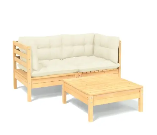 3-Daļīgs Dārza Mēbeļu Komplekts Ar Krēmkrāsas Matračiem, Priede Vidaxl