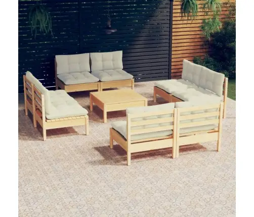 9-Daļīgs Dārza Mēbeļu Komplekts Ar Krēmkrāsas Matračiem, Priede Vidaxl