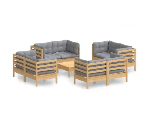 9-Daļīgs Dārza Mēbeļu Komplekts Ar Pelēkiem Matračiem, Priede Vidaxl