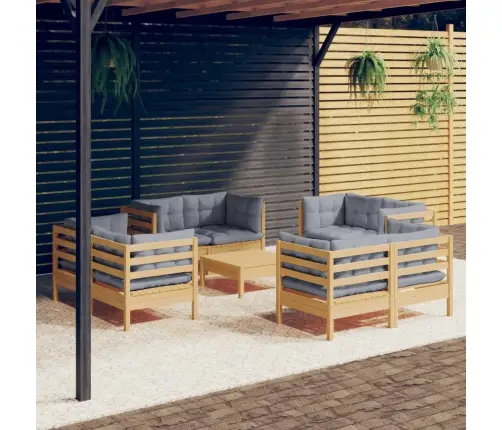 9-Daļīgs Dārza Mēbeļu Komplekts Ar Pelēkiem Matračiem, Priede Vidaxl