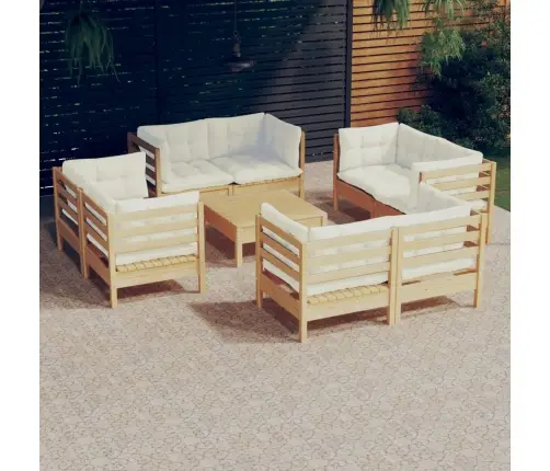 9-Daļīgs Dārza Mēbeļu Komplekts Ar Krēmkrāsas Matračiem, Priede Vidaxl