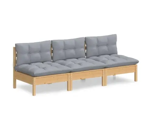 Trivietė Sodo Sofa Su Pilkomis Pagalvėlėmis, Pušies Masyvas Trivietė Sodo Sofa Su Pilkomis Pagalvėlėmis, Pušies Masyvas
