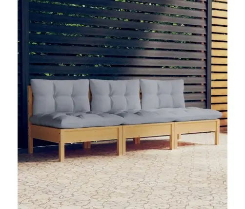 Trivietė Sodo Sofa Su Pilkomis Pagalvėlėmis, Pušies Masyvas Trivietė Sodo Sofa Su Pilkomis Pagalvėlėmis, Pušies Masyvas