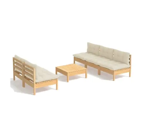 6-Daļīgs Dārza Mēbeļu Komplekts Ar Krēmkrāsas Matračiem, Priede Vidaxl