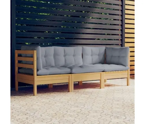 3-Vietīgs Dārza Dīvāns Ar Pelēkiem Spilveniem, Priedes Koks Vidaxl