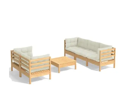 6-Osaline Aiamööbli Komplekt Kreemjate Patjadega, Männipuit