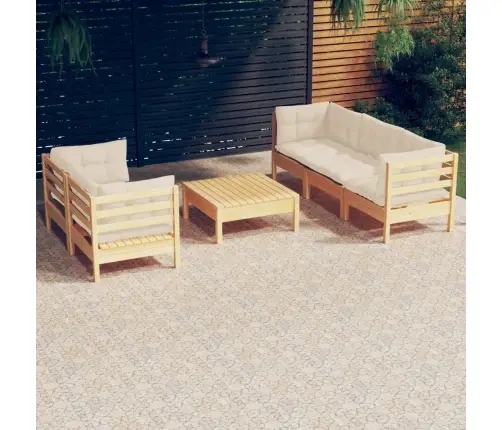 6-Osaline Aiamööbli Komplekt Kreemjate Patjadega, Männipuit