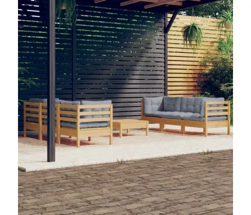 7-Daļīgs Dārza Mēbeļu Komplekts Ar Pelēkiem Matračiem, Priede Vidaxl