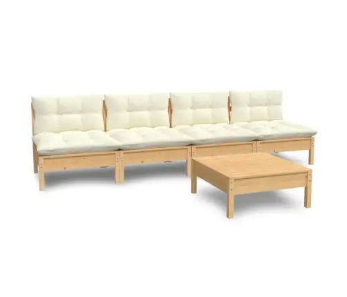 5-Osaline Aiamööbli Komplekt Kreemjate Patjadega, Männipuit