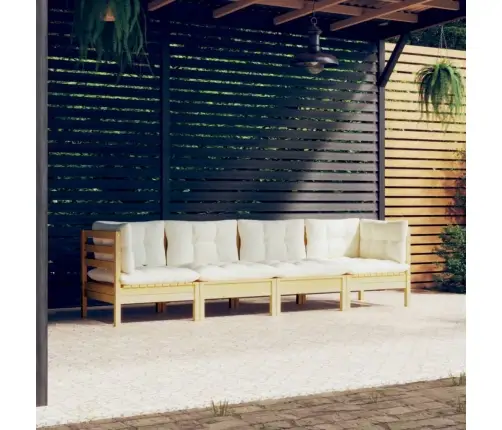 4-Osaline Aiamööbli Komplekt Kreemjate Patjadega, Männipuit