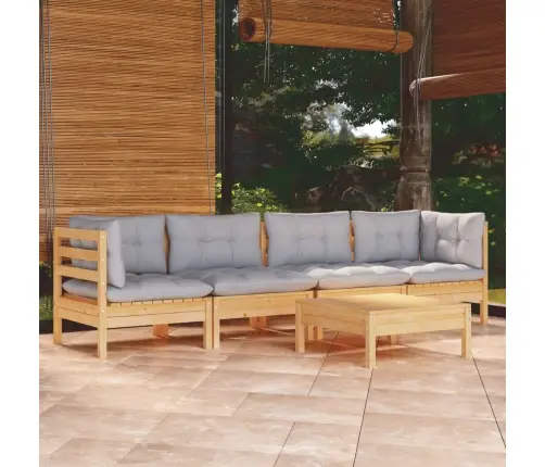 5-Daļīgs Dārza Mēbeļu Komplekts Ar Pelēkiem Matračiem, Priede Vidaxl