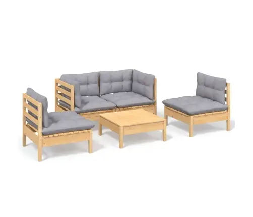 5-Daļīgs Dārza Mēbeļu Komplekts Ar Pelēkiem Matračiem, Priede Vidaxl