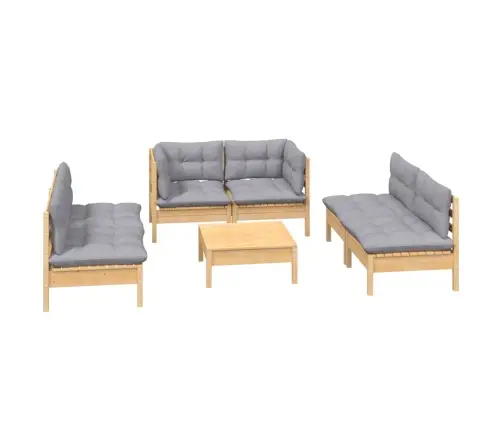7-Daļīgs Dārza Mēbeļu Komplekts Ar Pelēkiem Matračiem, Priede Vidaxl
