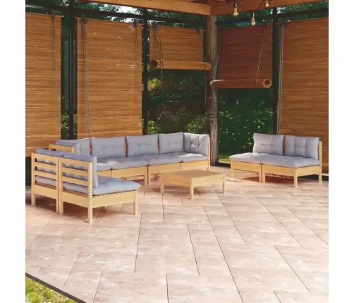 9-Daļīgs Dārza Mēbeļu Komplekts Ar Pelēkiem Matračiem, Priede Vidaxl