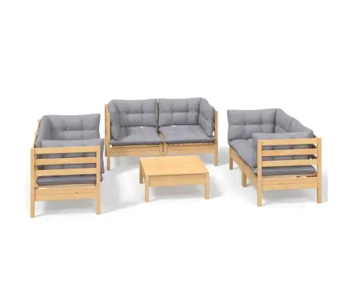 7-Daļīgs Dārza Mēbeļu Komplekts Ar Pelēkiem Matračiem, Priede Vidaxl