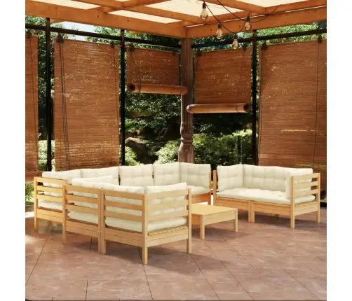 9-Daļīgs Dārza Mēbeļu Komplekts Ar Krēmkrāsas Matračiem, Priede Vidaxl