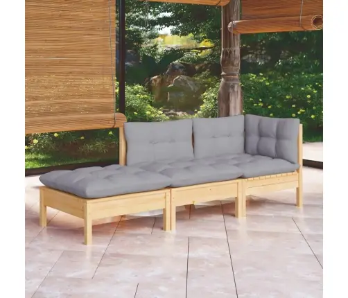 3-Osaline Aiamööblikomplekt Hallide Patjadega, Toekas Männipuit