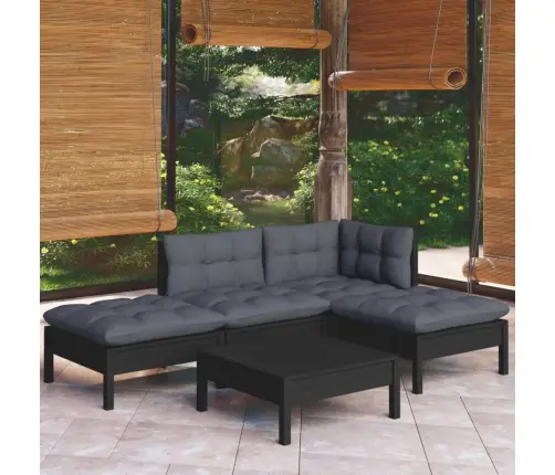 5-Daļīgs Dārza Mēbeļu Komplekts Ar Matračiem, Melna Priede Vidaxl