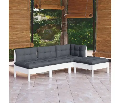 4-Osaline Aiamööbli Komplekt Patjadega, Valge, Männipuit