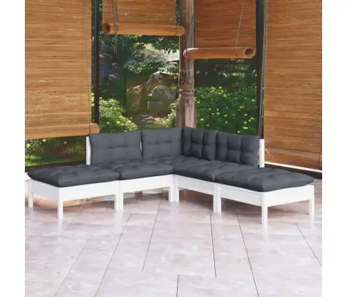 5-Daļīgs Dārza Mēbeļu Komplekts Ar Matračiem, Balta Priede Vidaxl