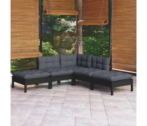 Sodo Komplektas Su Pagalvėmis, 5 Dalių, Juodas, Pušies Mediena