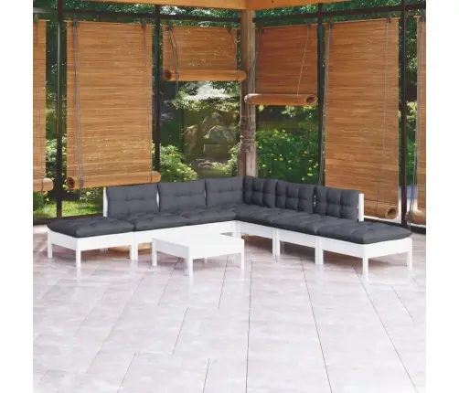 Sodo Komplektas Su Pagalvėmis, 8 Dalių, Baltas, Pušies Mediena