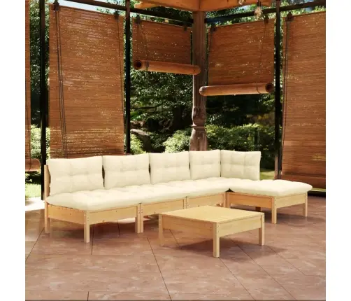 6-Daļīgs Dārza Mēbeļu Komplekts Ar Krēmkrāsas Matračiem, Priede Vidaxl