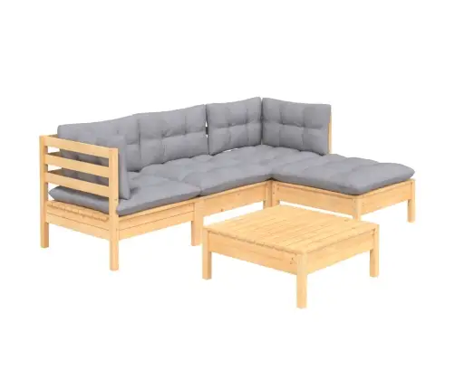 5-Daļīgs Dārza Mēbeļu Komplekts Ar Pelēkiem Matračiem, Priede Vidaxl