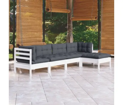 5-Daļīgs Dārza Mēbeļu Komplekts Ar Matračiem, Balta Priede Vidaxl