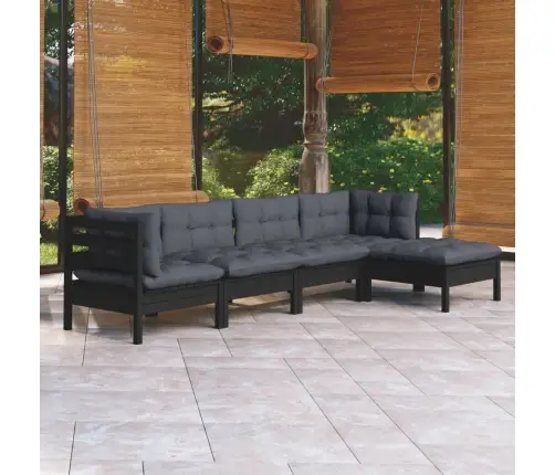 5-Daļīgs Dārza Mēbeļu Komplekts Ar Matračiem, Melna Priede Vidaxl