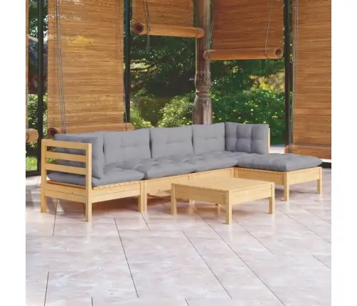 6-Daļīgs Dārza Mēbeļu Komplekts Ar Pelēkiem Matračiem, Priede Vidaxl