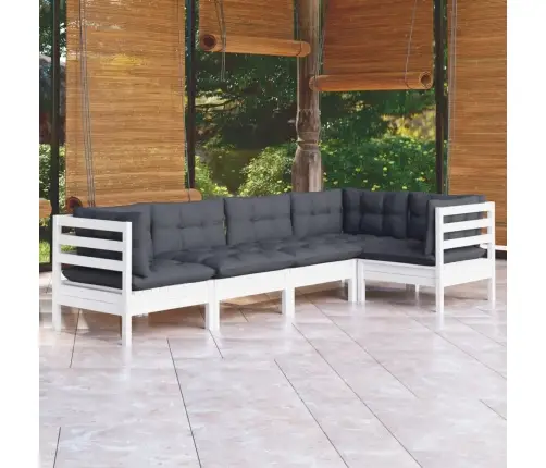 5-Daļīgs Dārza Mēbeļu Komplekts Ar Matračiem, Balta Priede Vidaxl