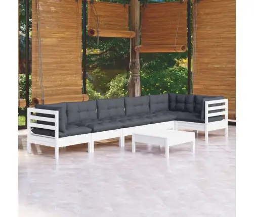 Sodo Komplektas Su Pagalvėmis, 7 Dalių, Baltas, Pušies Mediena