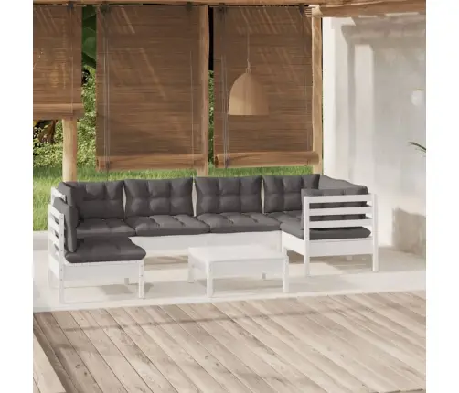 7-Daļīgs Dārza Mēbeļu Komplekts Ar Matračiem, Balta Priede Vidaxl