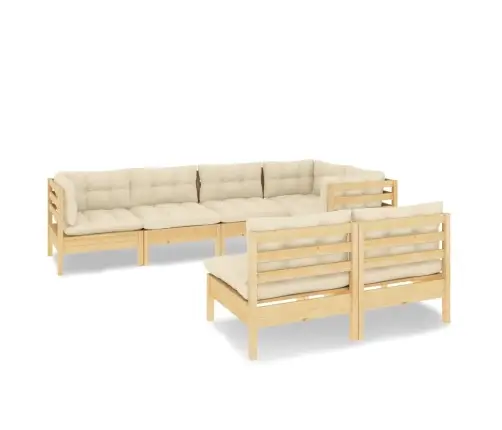 7-Osaline Aiamööbli Komplekt Kreemjate Patjadega, Männipuit
