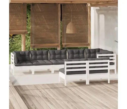 8-Daļīgs Dārza Mēbeļu Komplekts Ar Matračiem, Balta Priede Vidaxl