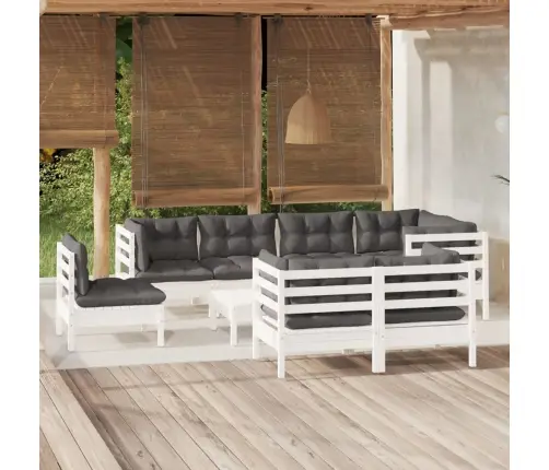 9-Daļīgs Dārza Mēbeļu Komplekts Ar Matračiem, Balta Priede Vidaxl