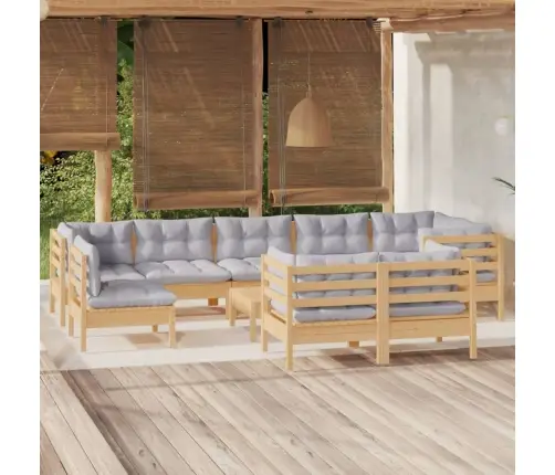 10-Daļīgs Dārza Mēbeļu Komplekts Ar Pelēkiem Matračiem, Priede Vidaxl