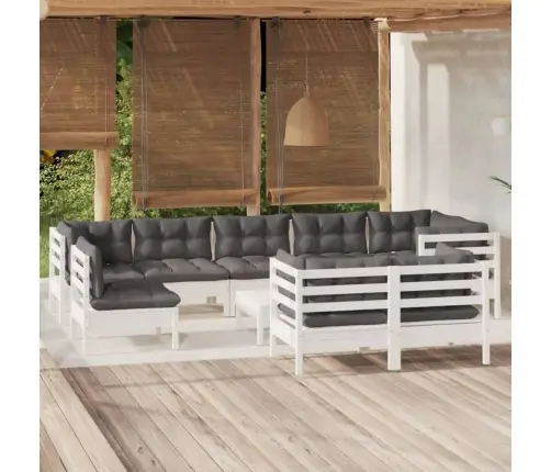 10-Daļīgs Dārza Mēbeļu Komplekts Ar Matračiem, Balta Priede Vidaxl