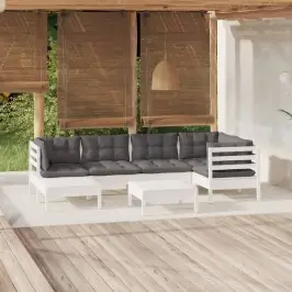 7-Daļīgs Dārza Mēbeļu Komplekts Ar Matračiem, Balta Priede Vidaxl